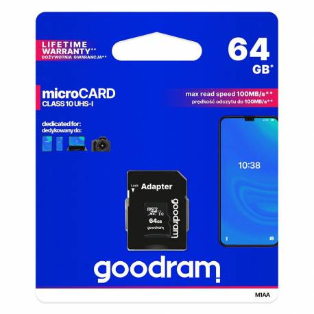Karta Pamięci GOODRAM microSD 64GB CLASS 10 UHS I 100MB/s z adapterem SD