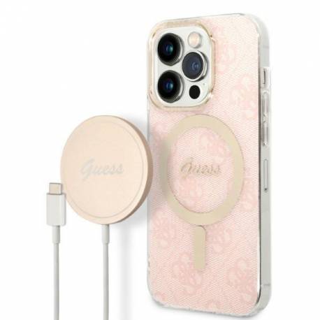 Zestaw Guess GUBPP14LH4EACSP Case+ Charger iPhone 14 Pro 6,1" różowy/pink hard case 4G Print MagSafe