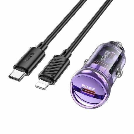 Hoco Ładowarka Samochodowa Typ C + Kabel Typ C Do Apple Lightning 8-Pin Pd 30W Z53 Fioletowa