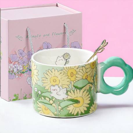 Kwiatowy Kubek Z Łyżeczką 280 Ml + Pudełko Na Prezent Kb01Zie
