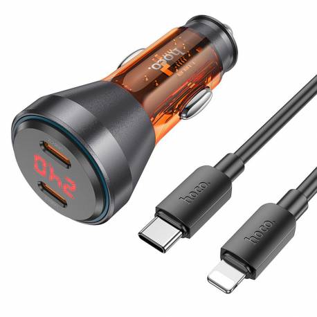 Hoco Ładowarka Samochodowa 2 X Typ C Qc 30W Z Wyświetlaczem + Kabel Typ C Do Lightning Pd60W Nz12C Transparentna Pomarańczowa