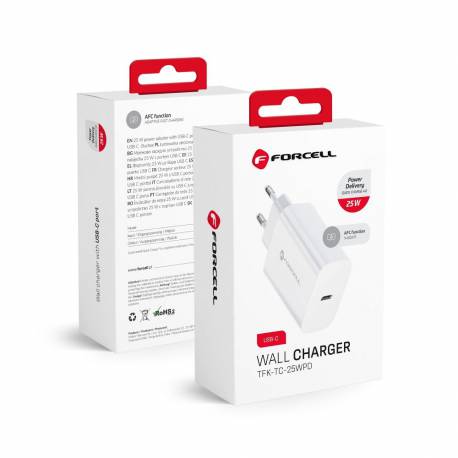 Ładowarka Sieciowa Forcell Uniwersalna ze złączem USB typ C - 3A 25W z funkcją ładowania PD i QC 4.0