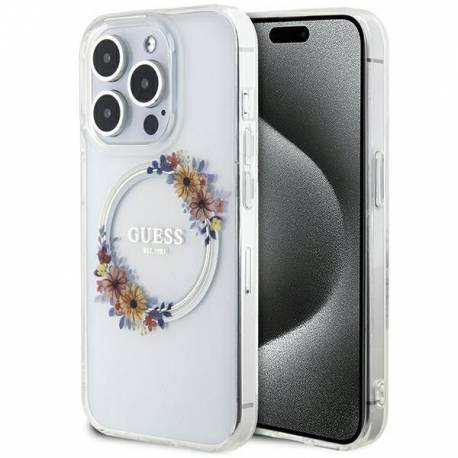 Oryginalne Etui Guess Hardcase Guhmp15Xhfwfct Do Iphone 15 Pro Max (Kompatybilny Z Magsafe / Flowers Wreath / Transparent)