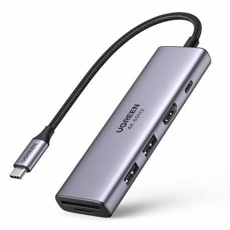 Ugreen 6W1 Wielofunkcyjny Hub Usb Typ C - 2X Usb 3.2 Gen 1 / Hdmi 4K 60Hz / Czytnik Kart Sd I Tf / Usb Typ C Pd 100W Szary (6038