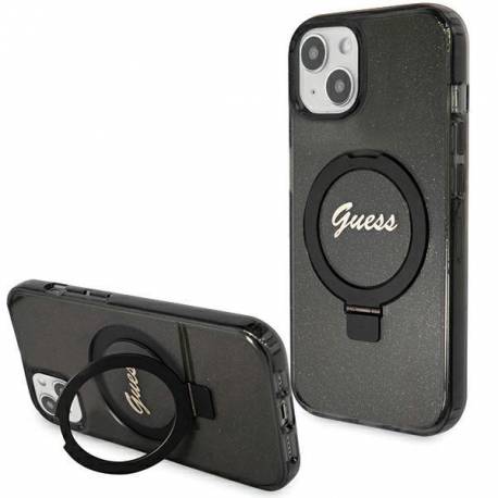 Etui Guess Ring Stand Script Glitter Magsafe Na Iphone 14 / 15 / 13 - Czarne