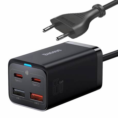 Baseus GaN3 Pro szybka ładowarka sieciowa GaN 2 x USB Typ C / 2 x USB 65W PD, QC4.0+, AFC + kabel USB Typ C - USB Typ C 1m czarn
