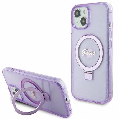 Etui Guess Ring Stand Script Glitter Magsafe Na Iphone 15 Plus / 14 Plus - Fioletowe