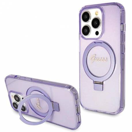 Etui Guess Ring Stand Script Glitter Magsafe Na Iphone 15 Pro Max - Fioletowe