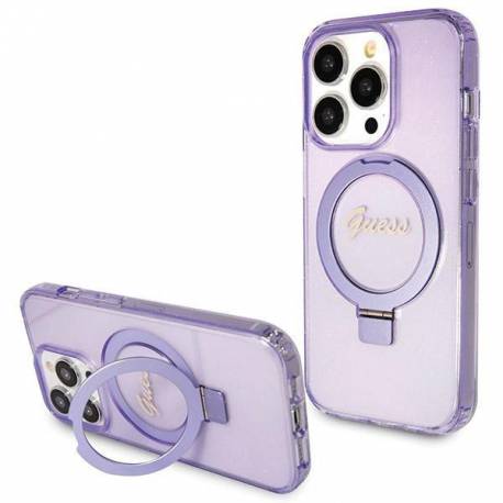 Etui Guess Ring Stand Script Glitter Magsafe Na Iphone 14 Pro Max - Fioletowe