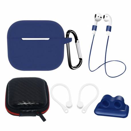 Zestaw silikonowe etui AirPods 3 + futerał / zaczep na ucho / pasek na szyję / uchwyt na pasek zegarka / karabińczyk | niebieski