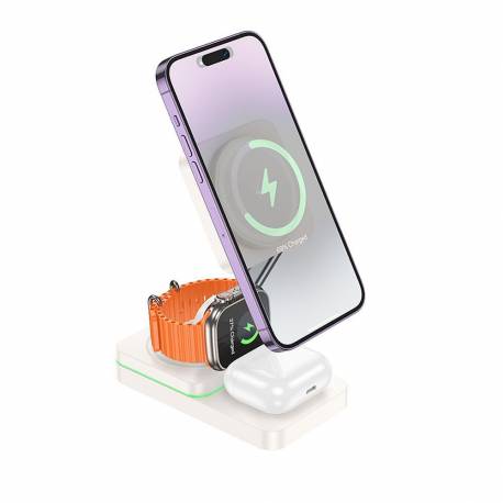 Hoco Ładowarka Indukcyjna 3W1 Kompatybilna Z Magsafe 15W Cq10 Mleczna Biel