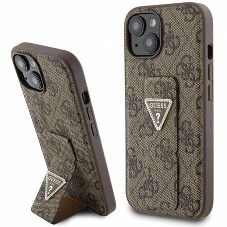 Etui Guess Grip Stand 4G Triangle Strass Na Iphone 15 - Brązowe