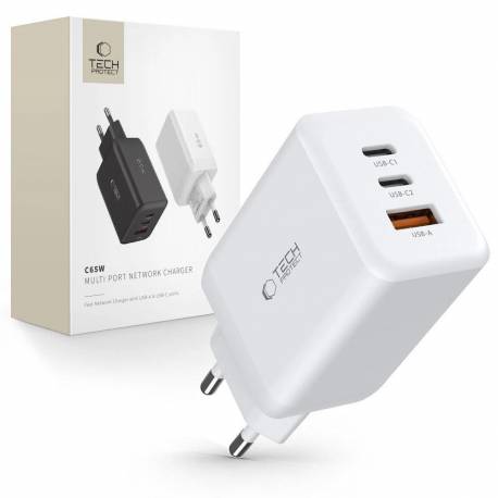 Ładowarka Tech-Protect C65W Sieciowa 2X Usb-C Pd 65W / Usb-A Qc 3.0 - Biała