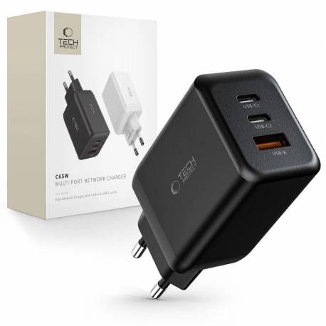 Ładowarka Tech-Protect C65W Sieciowa 2X Usb-C Pd 65W / Usb-A Qc 3.0 - Czarna