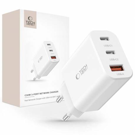 Ładowarka Tech-Protect Nc30W Sieciowa 2X Usb-C Pd 30W / Usb-A Qc 3.0 - Biała