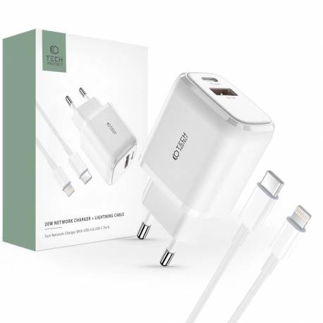 Ładowarka Tech-Protect C20W Sieciowa Usb-C Pd 20W / Usb-A Qc 3.0 Z Kablem Usb-C / Lightning - Biała