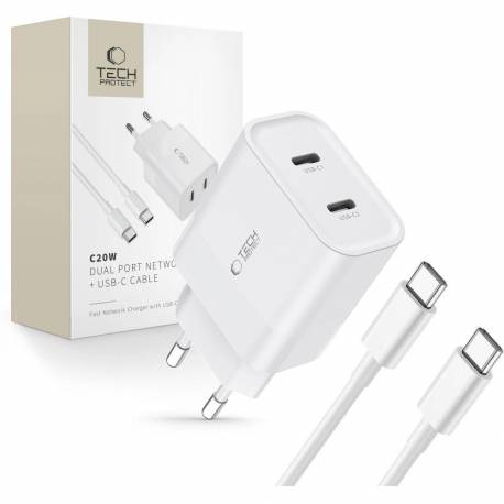 Ładowarka Tech-Protect C20W Sieciowa 2X Usb-C Pd 20W Z Kablem Usb-C / Usb-C - Biała