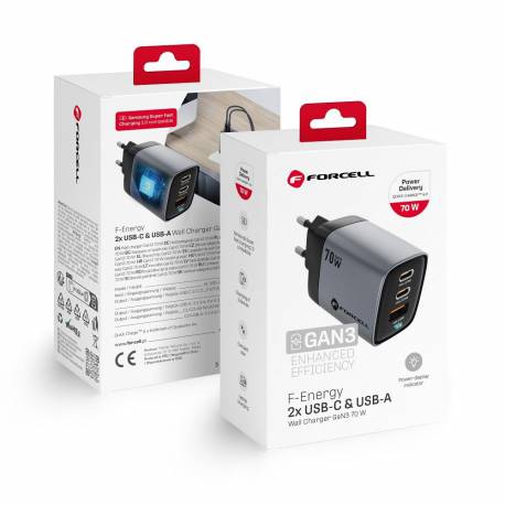 Forcell F-Energy Gan Iii Vt-37 Ładowarka Sieciowa Z Wyświetlaczem Lcd 2 X Typ C + Usb A Pd Qc4.0 Sam Sfc2.0 3,45A 70W Szara