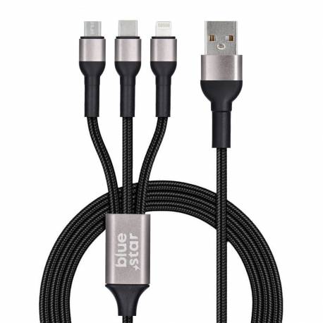 Kabel Blue Star Z Oplotem 3W1 Ze Złączami Micro Usb, Usb C I Lightning 3A