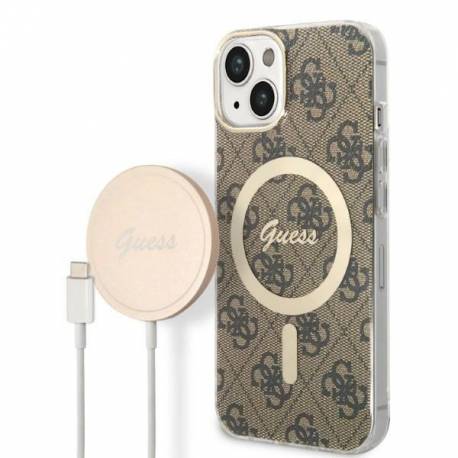 Zestaw Guess Gubpp14Sh4Eacsw Case+ Charger Iphone 14 6,1" Brązowy/brown Hard Case 4G Print Magsafe