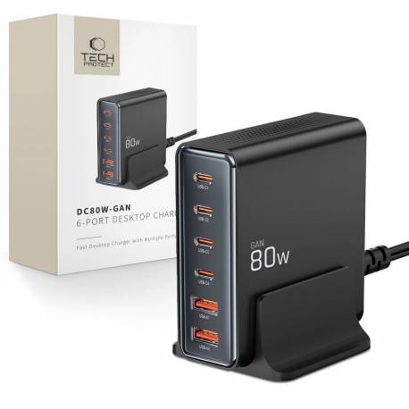 Stacja Ładująca Tech-Protect Dc80W-Gan 6-Port Pd80W/qc3.0 - Czarne