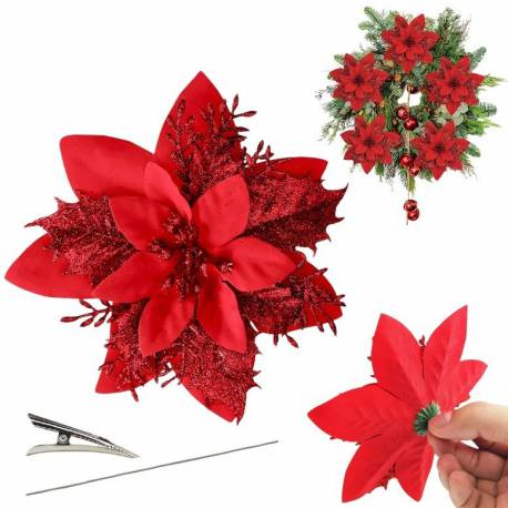 Kwiat Na Choinkę Z Klipsem Boże Narodzenie Xxl 14 Cm Brokat Czerwony Woz04Cze