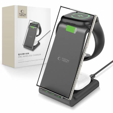 Stacja Ładująca Tech-Protect Qi15W-A36 3W1 Dla Android - Czarna