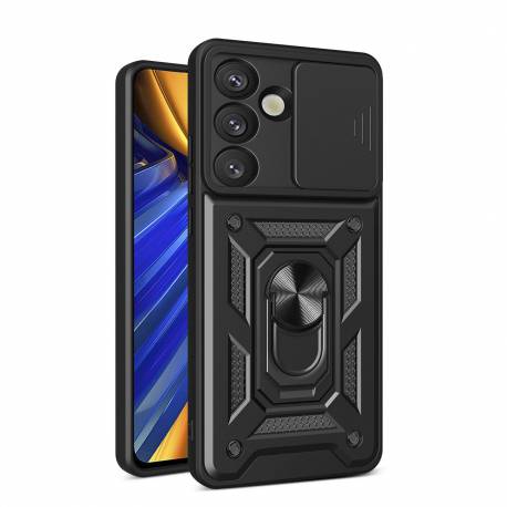 Etui Pancerne Hybrid Armor Camshield Z Osłoną Aparatu I Metalowym Ringiem Do Samsung Galaxy S25 - Czarne