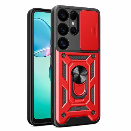 Etui Pancerne Hybrid Armor Camshield Z Osłoną Aparatu I Metalowym Ringiem Do Samsung Galaxy S25 Ultra - Czerwone