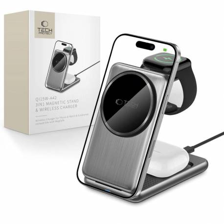 Ładowarka Indukcyjna Qi15W-A42 3W1 Z Magsafe Do Urządzeń Appple - Szara