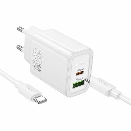 Hoco Ładowarka Sieciowa Usb A + Typ C + Kabel Typ C Do Typ C Pd Qc3.0 3A 30W N63 Biała
