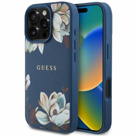 Guess Futerał Do Iphone 16 Pro Max Kompatybilny Z Magsafe Guhmp16Xpgnmplmb (Pu Grained Flowers Classic Logo) Niebieski