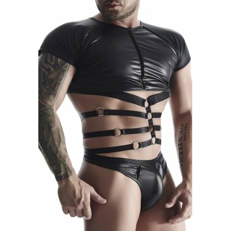 Męski Komplet Z Wetlooka: T-Shirt Z Ozdobną Gumą, Stringi Z Ozdobną Taśmą Z Przodu Xxl