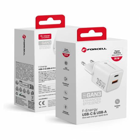 Forcell F-Energy Mini Gan Iii Vt-35 Ładowarka Sieciowa 1 X Typ C + 1 X Usb A Pd Qc4.0 30W Biała