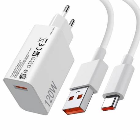 Xiaomi Oryginalna Ładowarka Sieciowa Usb A Qc3.0 3A 120W Mdy-16-En + Kabel Usb A Do Typ C 6A 1M Biała Bulk