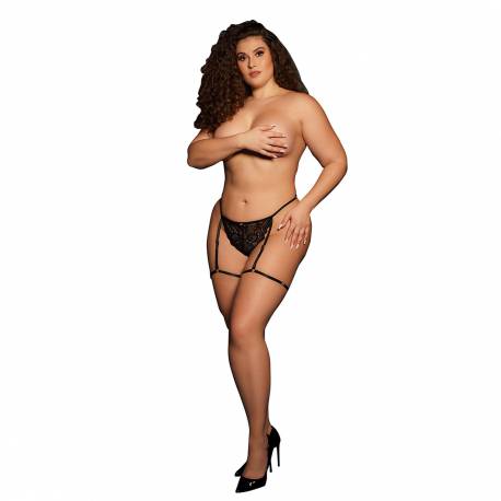 Marie - Lace Thong With Garter , Adjustable Sliders And Golden Details - Plus Size