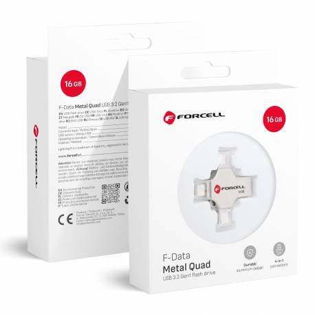 Pendrive 16Gb Usb 3.2 Gen 1 (Usb A / Usb C / Lightning / Micro Usb) Forcell F-Data Metal Quad Srebrny