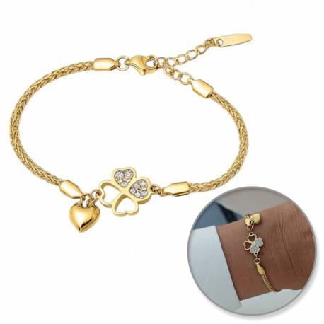 Bransoletka Na Rękę Stal Chirurgiczna Pozłacana 14K Złotem Serca, Koniczynka Bst1550