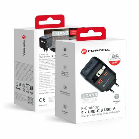 Ładowarka Sieciowa Do Telefonu Forcell F-Energy Gan Usb C + Usb A + Zwijany Kabel Usb C Pd Qc4.0 3A 70W Vt-R7 Szara