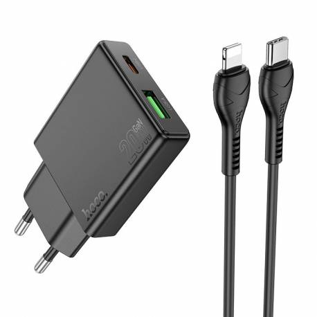Ładowarka Sieciowa Do Telefonu Hoco Slim Usb A + Usb C Qc3.0 Pd 3A 20W + Kabel Usb C Do Lightning N38 Czarna