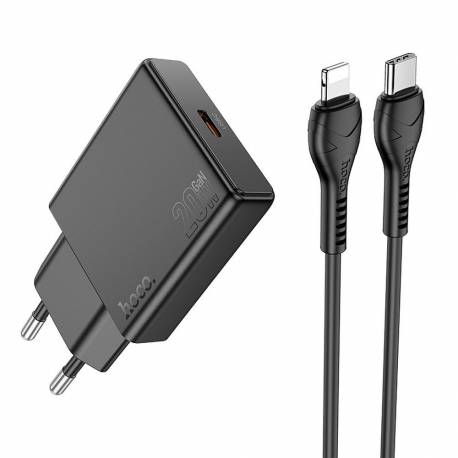 Ładowarka Sieciowa Do Telefonu Hoco Slim Usb C Qc Pd 30W + Kabel Usb C Do Lightning N37 Czarna