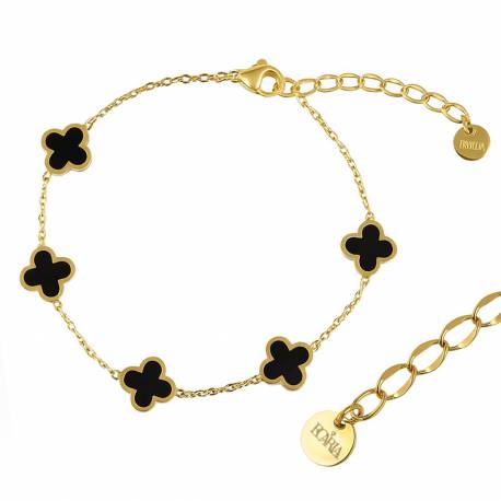 Bransoletka Na Rękę Stal Chirurgiczna Pozłacana 14K Złotem Czarna, Koniczynki Bst1570