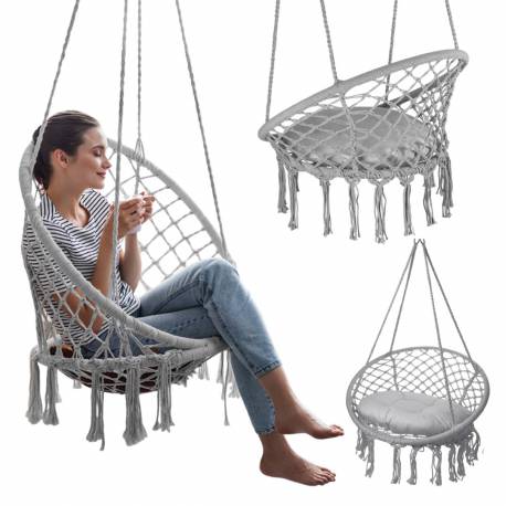 Fotel Wiszący Bocianie Gniazdo Hamak Boho, Huśtawka Z Poduszką Szara Kr33Sz