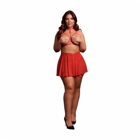4 Piece Set With Bra, Panty, Double Strap Garter Belt And Peek-A-Boo Mesh Skirt - Plus Size - Red