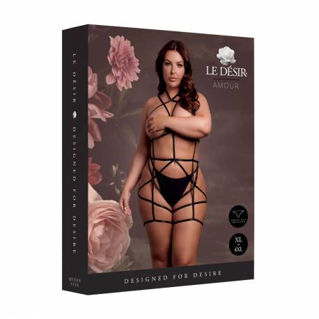 Strappy Open Cup Body Harness With Garters - Plus Size - Black
