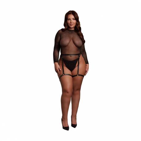 Shimmering Open-Back Bodysuit With Pu Leather Garters - Plus Size - Black/gold Glitter