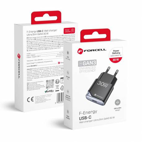 Forcell F-Energy Gan Iii B130101-E Ultra Slim Ładowarka Sieciowa 1 X Typ C Pd Qc4.0 3A 30W Czarna